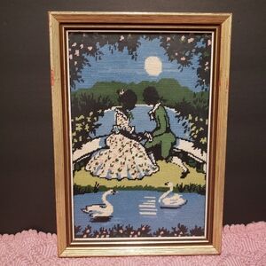 Vintage Framed Needlepoint Victorian Couple Silhouette